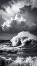 Dramatic monochrome ocean waves crashing beneath a stormy sky with dramatic clouds. Royalty Free Stock Photo