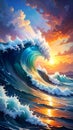 Dramatic ocean wave crashing at sunset with vibrant colors and scenic sky Royalty Free Stock Photo