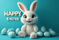 Easter illustration eggs and bunny on pastel blue background, text Holidays, spring, copy space, 3d rendering Royalty Free Stock Photo