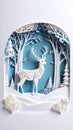 Elegant White Paper Cut of a Deer in a Winter Forest Scene against a Blue Background Royalty Free Stock Photo
