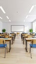 Empty modern classroom with projector screen desks chairs and bright windows Royalty Free Stock Photo