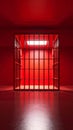 Empty Prison Cell with Red Lighting and Bars in Dark Room Royalty Free Stock Photo