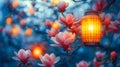 Enchanting evening scene with a warm lantern illuminating delicate magnolia blooms under a mystical blue twilight Royalty Free Stock Photo