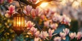 Enchanting evening scene with warm lantern illuminating delicate magnolia blooms Royalty Free Stock Photo