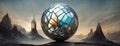 Fantasy landscape with a stained glass sphere and a distant tower. Royalty Free Stock Photo