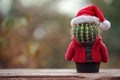 Generated imageFestive Potted Cactus Dressed in a Santa Hat and Red Winter Jacket with a Cheerful Holiday Theme. Royalty Free Stock Photo