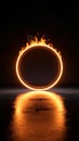 Fiery neon ring with flames and reflection against a dark background Royalty Free Stock Photo