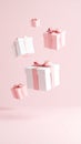 Floating pink and white gift boxes with bows against a solid pink background. Royalty Free Stock Photo