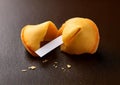 Fortune cookie with blank slip of paper on black Royalty Free Stock Photo
