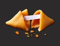 Fortune cookie with blank slip of paper on black Royalty Free Stock Photo