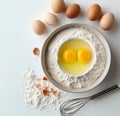 Fresh cracked eggs in ceramic bowl flour, shells, and whole brown eggs placed on clean white table Royalty Free Stock Photo