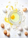 Fresh cracked eggs in ceramic bowl flour, shells, and whole brown eggs placed on clean white table Royalty Free Stock Photo