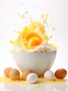 Fresh cracked eggs in ceramic bowl flour, shells, and whole brown eggs placed on clean white table Royalty Free Stock Photo