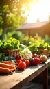 Freshly harvested vegetables on a wooden table in a sunny garden setting Royalty Free Stock Photo