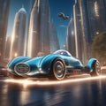 Futuristic car in oldtimer (fictional) style against the backdrop of bright fantastic city streets.