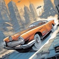 Futuristic car in oldtimer (fictional) style against the backdrop of bright fantastic city streets.