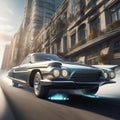 Futuristic car in oldtimer (fictional) style against the backdrop of bright fantastic city streets.