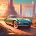 Futuristic car in oldtimer (fictional) style against the backdrop of bright fantastic city streets.