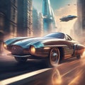 Futuristic car in oldtimer (fictional) style against the backdrop of bright fantastic city streets.