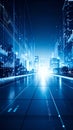 Futuristic cityscape with data overlay and glowing lights, technology concept Royalty Free Stock Photo