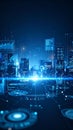 Futuristic cityscape with digital data overlay, glowing lines, and abstract technology. Royalty Free Stock Photo