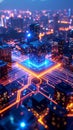 Futuristic cityscape with glowing circuit board and data processing center at night Royalty Free Stock Photo