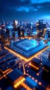 Futuristic cityscape with glowing circuit board and digital data visualization at night Royalty Free Stock Photo