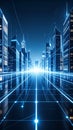 Futuristic cityscape with glowing network lines and skyscrapers, digital technology concept Royalty Free Stock Photo