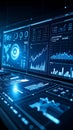 Futuristic data analysis interface with charts, graphs, and digital display screens Royalty Free Stock Photo