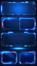 Futuristic digital interface panels with glowing neon lights on dark blue background Royalty Free Stock Photo