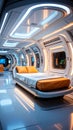 Futuristic spaceship interior with bed, windows, and glowing lights, sci-fi design Royalty Free Stock Photo