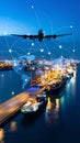 Global Logistics Airplane Over Cargo Ship Network Connection Concept Royalty Free Stock Photo