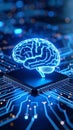 Glowing brain hologram over a computer chip, representing artificial intelligence and technology. Royalty Free Stock Photo
