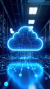 Glowing cloud computing icon with digital data transfer in a server room. Royalty Free Stock Photo