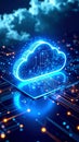 Glowing cloud computing symbol on a circuit board with digital data transfer Royalty Free Stock Photo