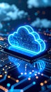 Glowing cloud computing symbol on a circuit board with digital data transfer Royalty Free Stock Photo