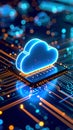 Glowing cloud computing symbol on a circuit board, representing data storage and network Royalty Free Stock Photo