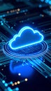 Glowing cloud computing symbol on a circuit board, representing data storage and technology. Royalty Free Stock Photo