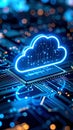Glowing cloud computing symbol on a circuit board, representing data storage and technology. Royalty Free Stock Photo
