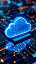 Glowing cloud computing symbol on a circuit board representing data storage and technology Royalty Free Stock Photo