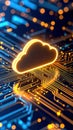 Glowing cloud symbol on a circuit board, representing cloud computing and data storage Royalty Free Stock Photo