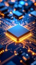 Glowing computer chip and circuit board showing technological innovation and data processing Royalty Free Stock Photo