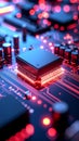Glowing computer processor on a circuit board with red and blue neon lights Royalty Free Stock Photo