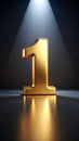 Golden number one under a dramatic spotlight on a reflective surface representing first place achievement and success Royalty Free Stock Photo