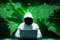 Hacker initiating global cyber attack using laptop in server room Royalty Free Stock Photo