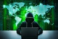 Hacker initiating global cyber attack using laptop in server room Royalty Free Stock Photo
