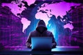 Hacker initiating global cyber attack using laptop in server room Royalty Free Stock Photo