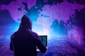 Hacker initiating global cyber attack using laptop in server room Royalty Free Stock Photo
