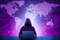 Hacker initiating global cyber attack using laptop in server room Royalty Free Stock Photo