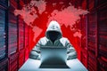 Hacker initiating global cyber attack using laptop in server room Royalty Free Stock Photo